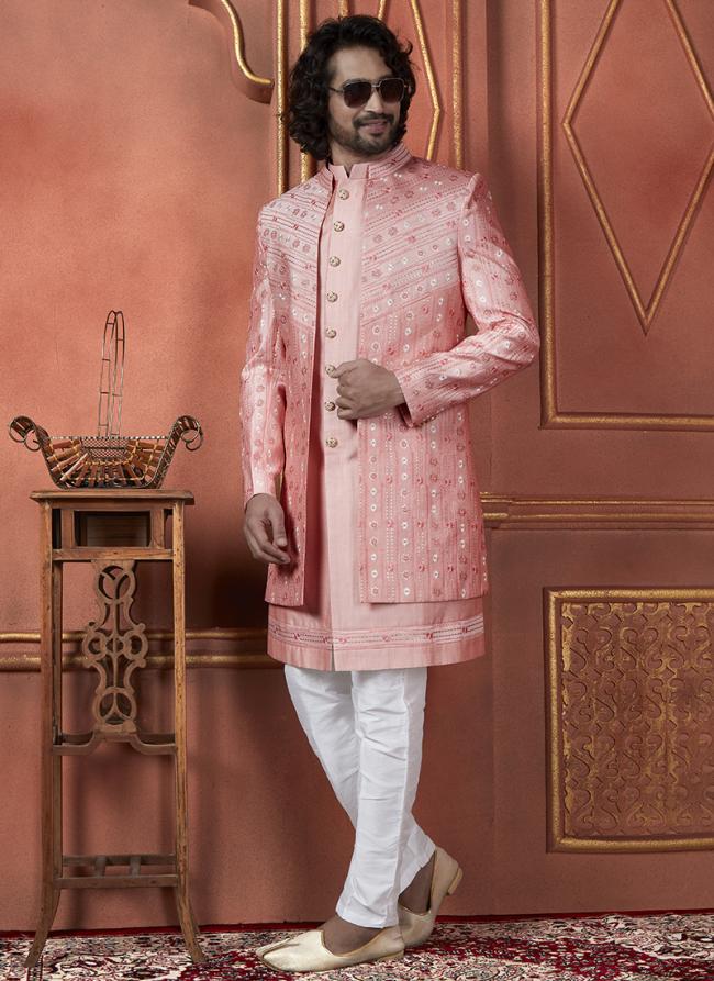 Silk Pink Wedding Wear Computer Thread Readymade Sherwani Set